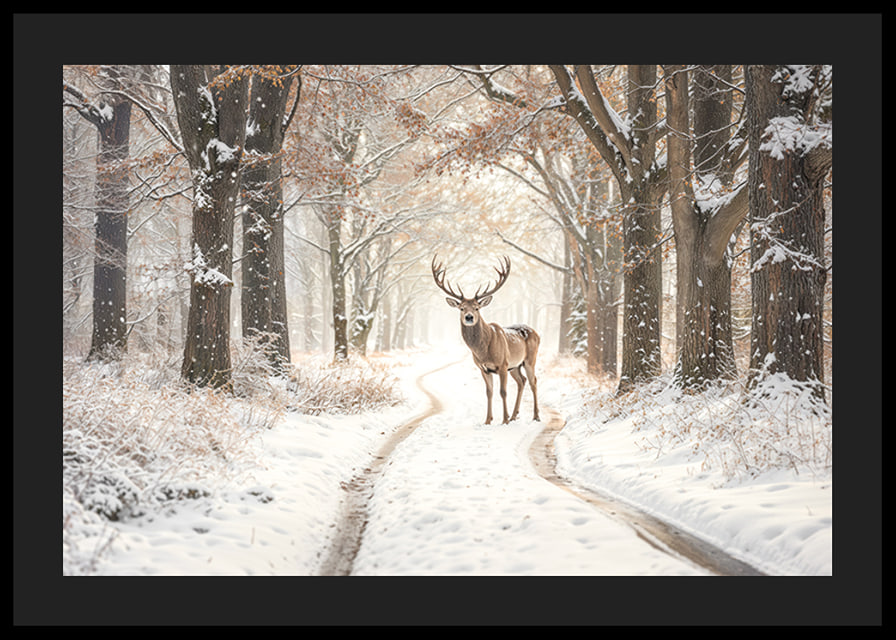 Ein stattlicher Hirsch steht auf einem verschneiten Waldweg und versprüht Winterzauber und natürliche Eleganz.-12