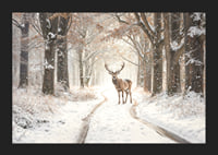 Ein stattlicher Hirsch steht auf einem verschneiten Waldweg und versprüht Winterzauber und natürliche Eleganz.-5