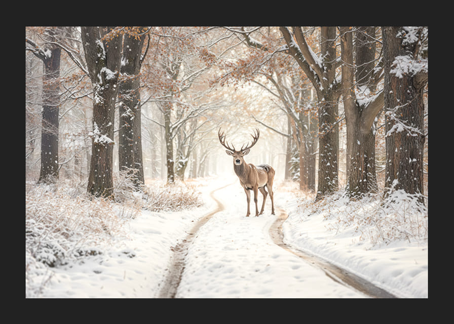 En ståtlig hjort står på en snötäckt skogsväg och utstrålar vintermagi och naturlig elegans.-12