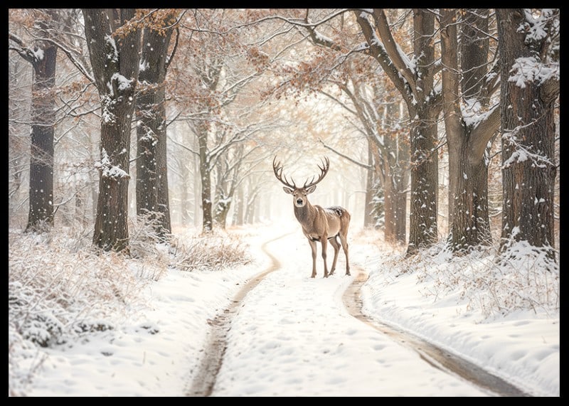 Ein stattlicher Hirsch steht auf einem verschneiten Waldweg und versprüht Winterzauber und natürliche Eleganz.-12