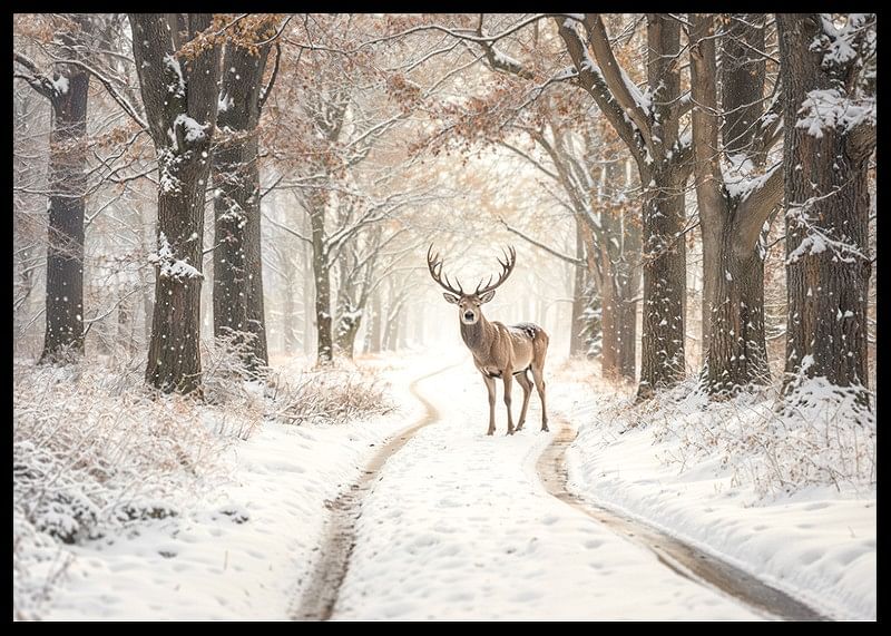 O căprioară impunătoare stă pe o potecă de pădure acoperită de zăpadă, emanând magie de iarnă și eleganță naturală.-12