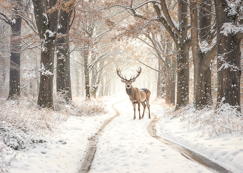 Ein stattlicher Hirsch steht auf einem verschneiten Waldweg und versprüht Winterzauber und natürliche Eleganz.-12