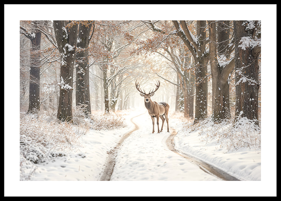Ein stattlicher Hirsch steht auf einem verschneiten Waldweg und versprüht Winterzauber und natürliche Eleganz.-12