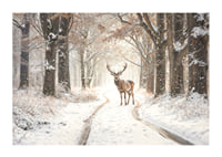 Ein stattlicher Hirsch steht auf einem verschneiten Waldweg und versprüht Winterzauber und natürliche Eleganz.-1