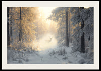 A majestic deer stands in a snow-covered forest, surrounded by golden morning light and winter magic.-2