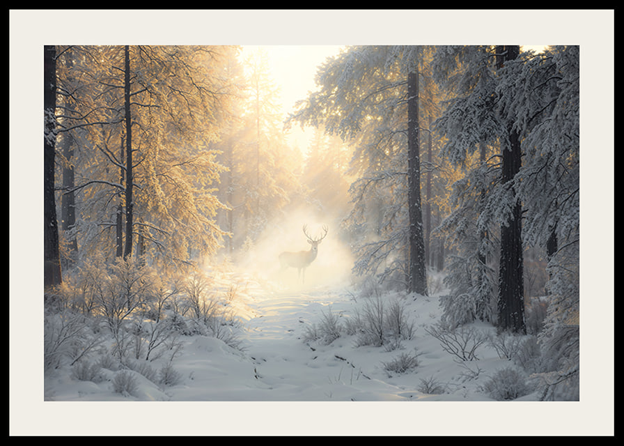 A majestic deer stands in a snow-covered forest, surrounded by golden morning light and winter magic.-12