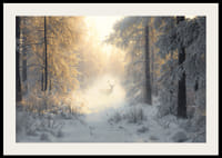 Majesteetlik hirv seisab lumega kaetud metsas, ümbritsetuna kuldsest hommikuvalgusest ja talvemaagiast.-2