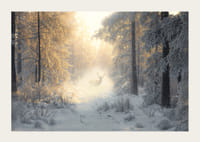 Majesteetlik hirv seisab lumega kaetud metsas, ümbritsetuna kuldsest hommikuvalgusest ja talvemaagiast.-3