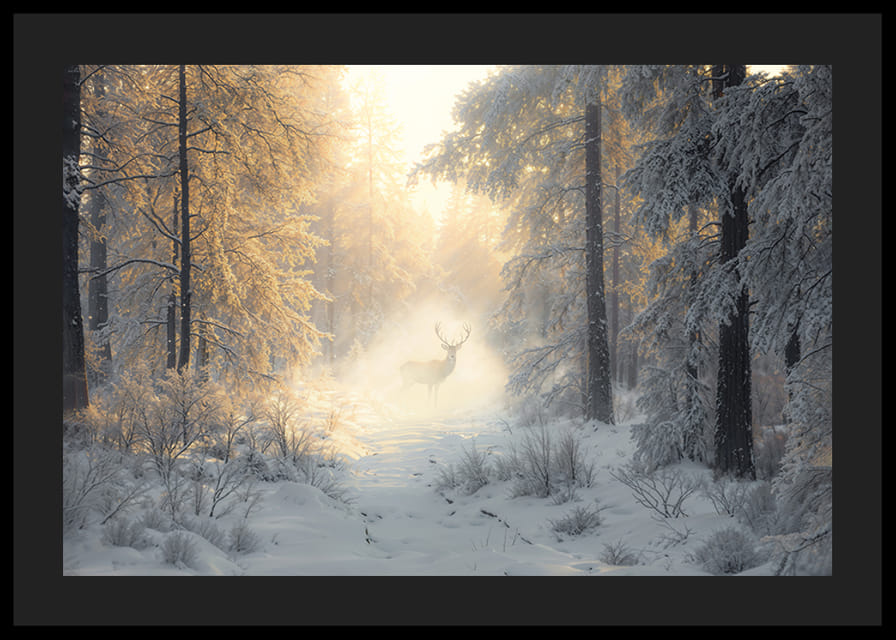 Majesteetlik hirv seisab lumega kaetud metsas, ümbritsetuna kuldsest hommikuvalgusest ja talvemaagiast.-12