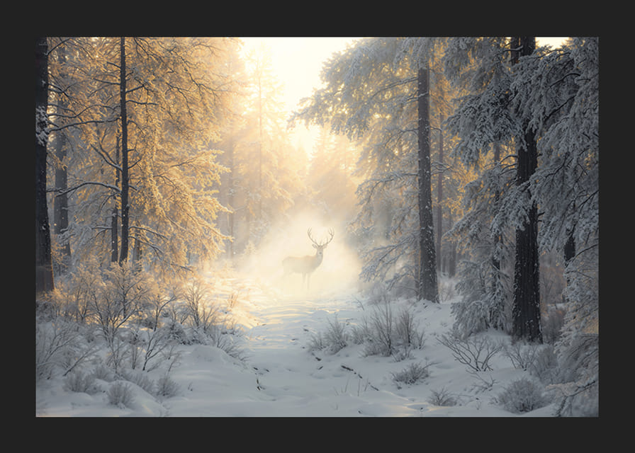 Majesteetlik hirv seisab lumega kaetud metsas, ümbritsetuna kuldsest hommikuvalgusest ja talvemaagiast.-12