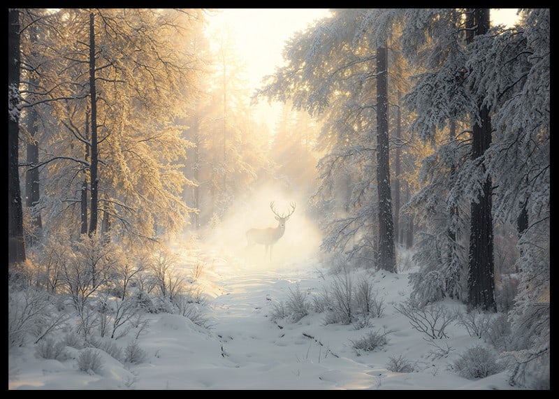 A majestic deer stands in a snow-covered forest, surrounded by golden morning light and winter magic.-12