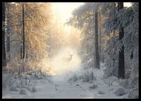 O căprioară maiestuoasă stă într-o pădure acoperită de zăpadă, înconjurată de lumina aurie a dimineții și de magia iernii.-2