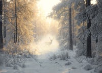 A majestic deer stands in a snow-covered forest, surrounded by golden morning light and winter magic.-7