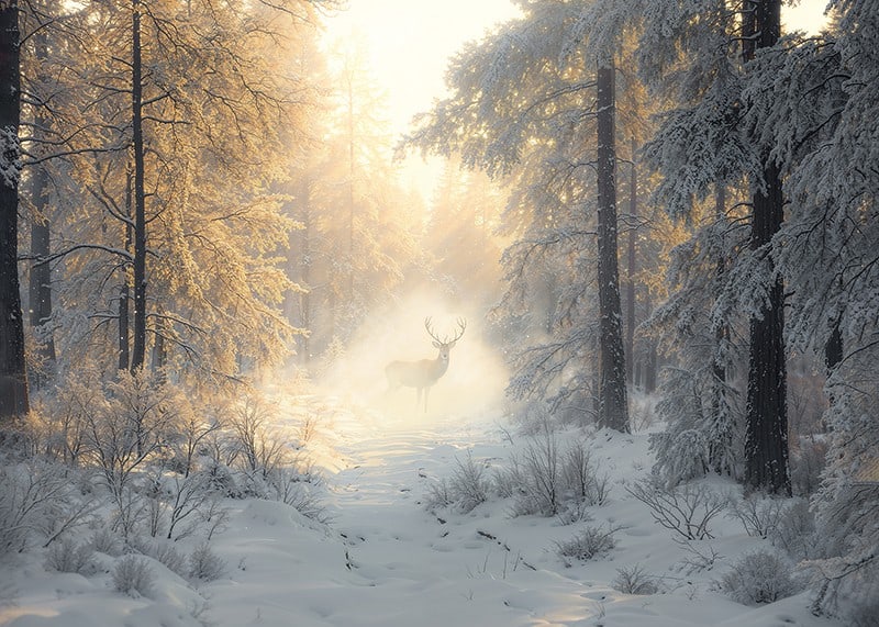 A majestic deer stands in a snow-covered forest, surrounded by golden morning light and winter magic.-12