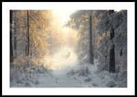 A majestic deer stands in a snow-covered forest, surrounded by golden morning light and winter magic.-0