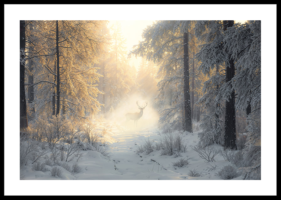 A majestic deer stands in a snow-covered forest, surrounded by golden morning light and winter magic.-12