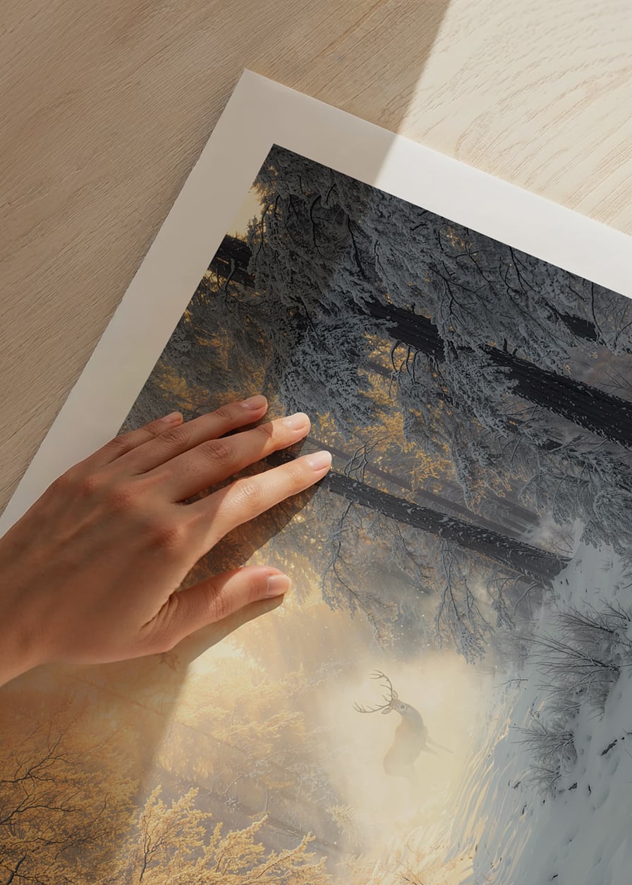 A majestic deer stands in a snow-covered forest, surrounded by golden morning light and winter magic.-12