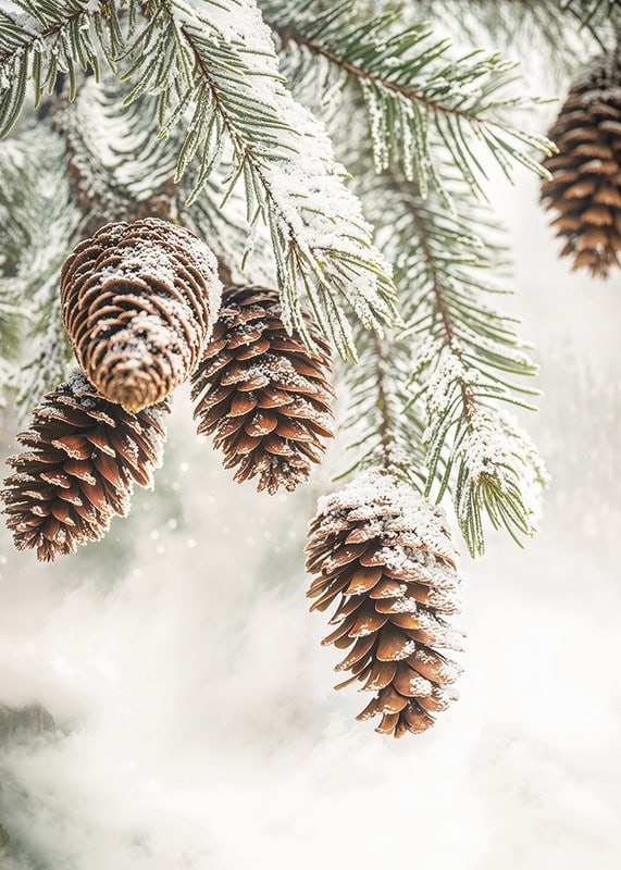 Snow-covered cones hang from frosty fir branches, exuding the quiet beauty of winter.-12