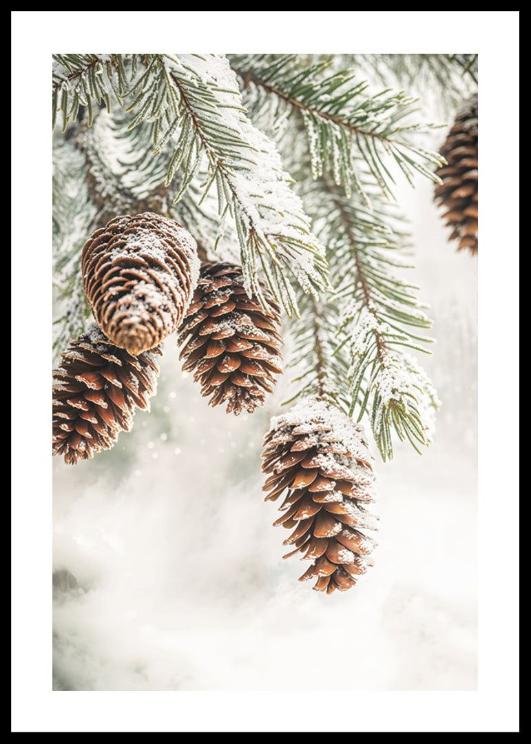 Snow-covered cones hang from frosty fir branches, exuding the quiet beauty of winter.-12