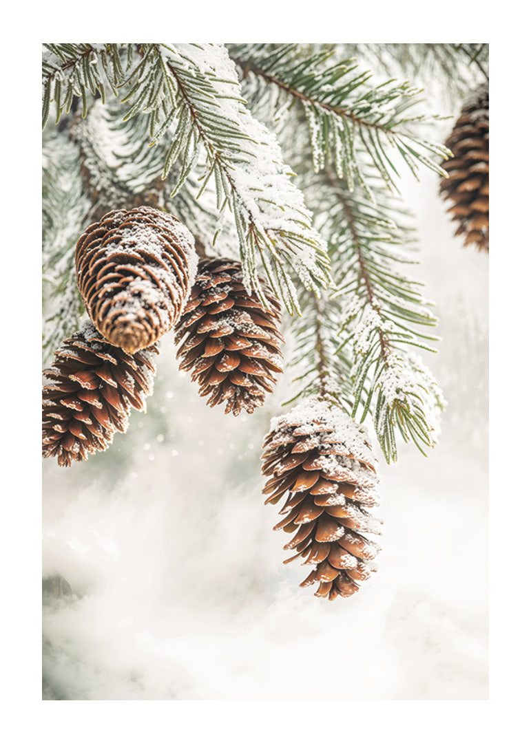 Snow-covered cones hang from frosty fir branches, exuding the quiet beauty of winter.-12