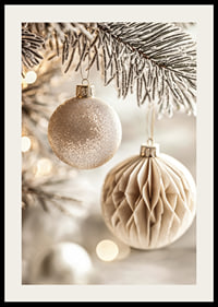 Two elegant Christmas tree balls in frosty tones hang from a snow-covered branch and radiate timeless Christmas charm.-2