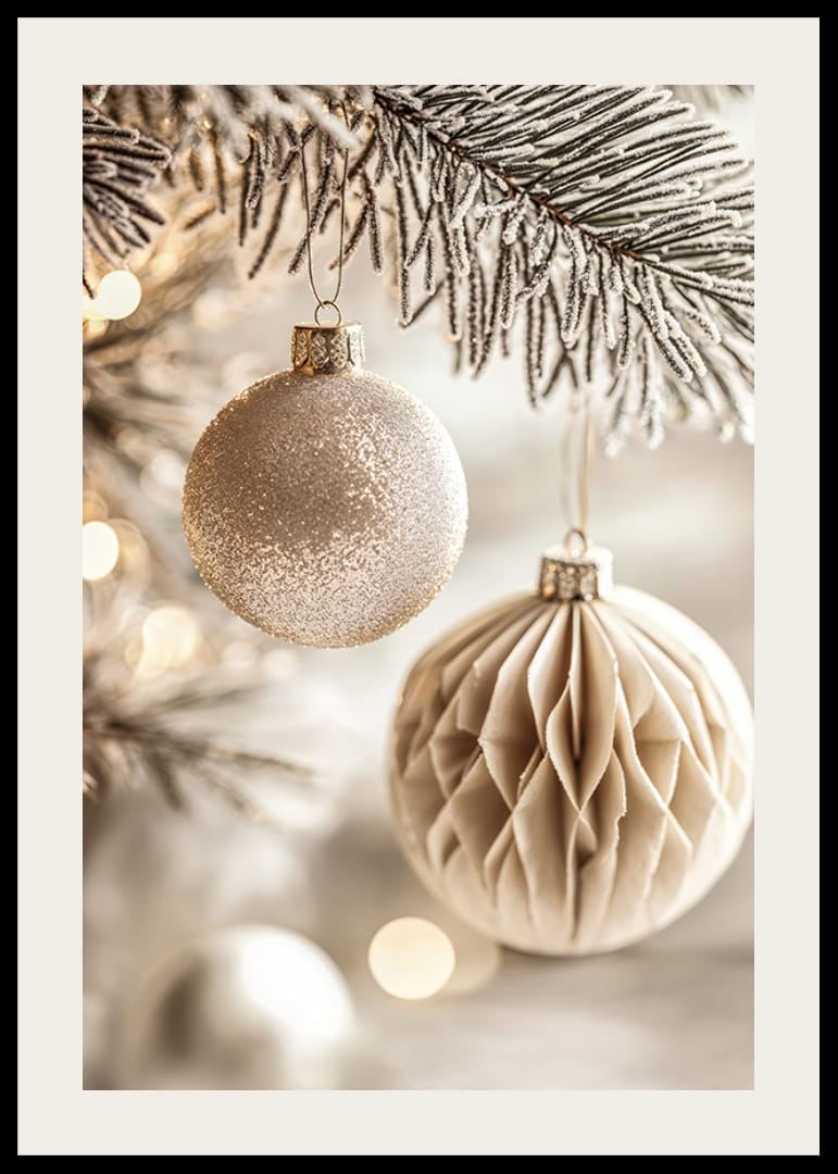 Dve elegantné gule na vianočný stromček v mrazivých tónoch visia zo zasneženého konára a vyžarujú nadčasové vianočné čaro.-12