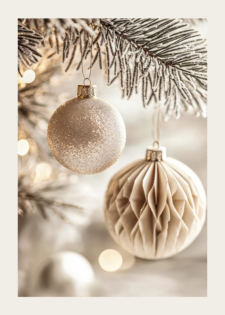 Dve elegantné gule na vianočný stromček v mrazivých tónoch visia zo zasneženého konára a vyžarujú nadčasové vianočné čaro.-12