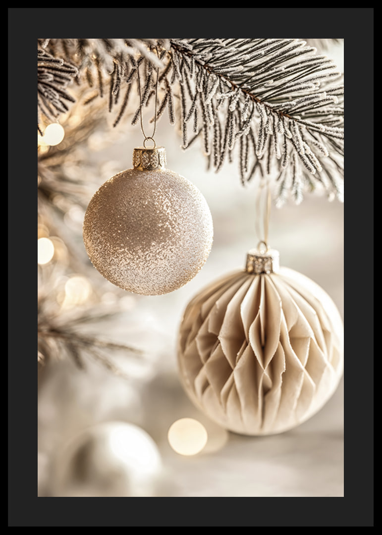 Two elegant Christmas tree balls in frosty tones hang from a snow-covered branch and radiate timeless Christmas charm.-12
