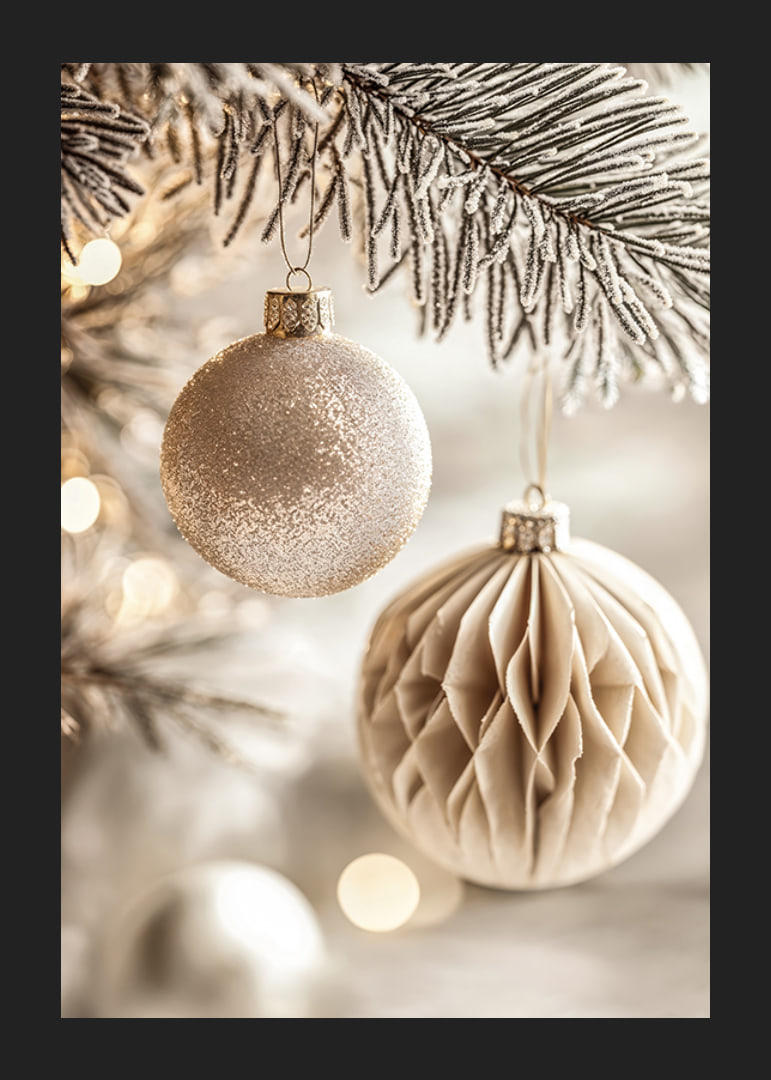 Two elegant Christmas tree balls in frosty tones hang from a snow-covered branch and radiate timeless Christmas charm.-12