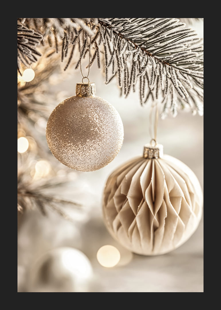 Dve elegantné gule na vianočný stromček v mrazivých tónoch visia zo zasneženého konára a vyžarujú nadčasové vianočné čaro.-12
