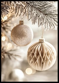 Two elegant Christmas tree balls in frosty tones hang from a snow-covered branch and radiate timeless Christmas charm.-6