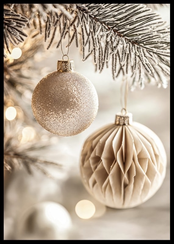 Two elegant Christmas tree balls in frosty tones hang from a snow-covered branch and radiate timeless Christmas charm.-12