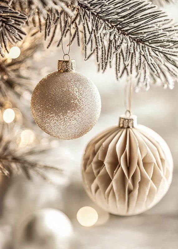 Two elegant Christmas tree balls in frosty tones hang from a snow-covered branch and radiate timeless Christmas charm.-12