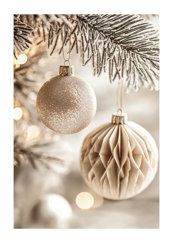 To elegante juletrekuler i frostige toner henger fra en snødekt grein og utstråler tidløs julesjarm.-12