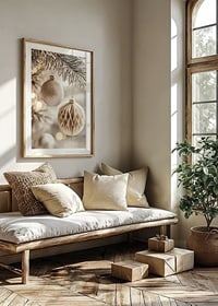 Two elegant Christmas tree balls in frosty tones hang from a snow-covered branch and radiate timeless Christmas charm.-8