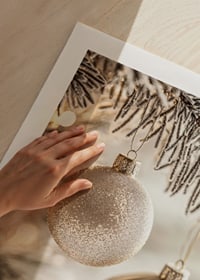 Two elegant Christmas tree balls in frosty tones hang from a snow-covered branch and radiate timeless Christmas charm.-9