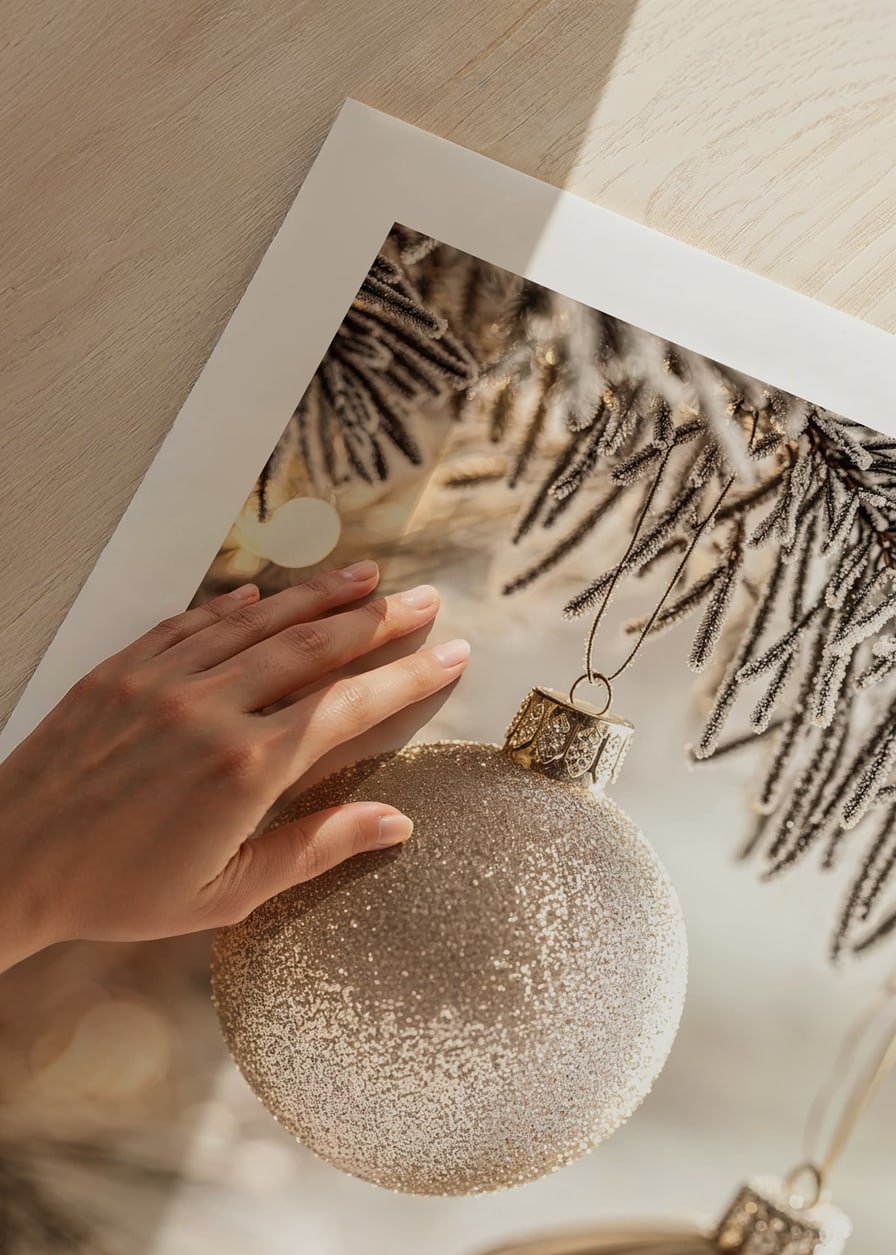 Two elegant Christmas tree balls in frosty tones hang from a snow-covered branch and radiate timeless Christmas charm.-12