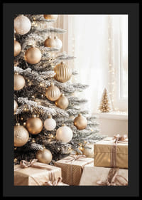 Een elegante kerstboom versierd in gouden tinten met bijpassende cadeautjes die feestelijke luxe en warmte uitstraalt.-4