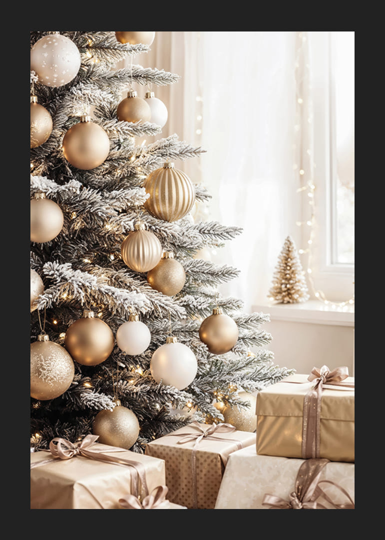 Een elegante kerstboom versierd in gouden tinten met bijpassende cadeautjes die feestelijke luxe en warmte uitstraalt.-12