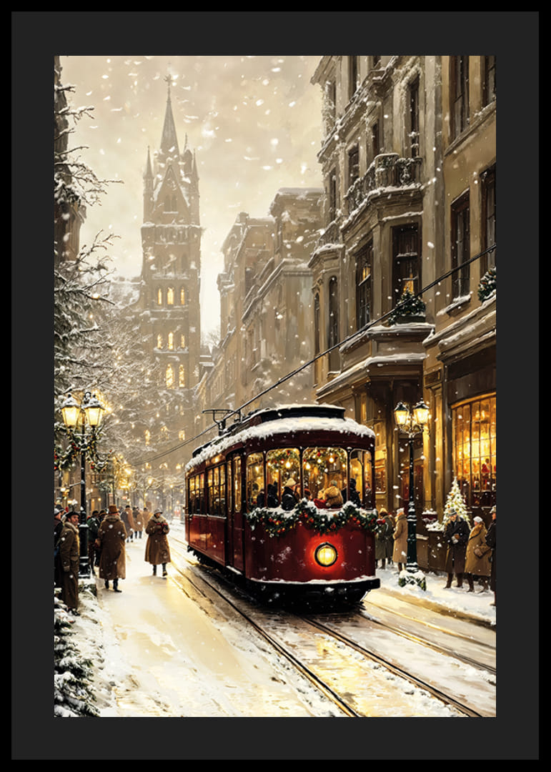 Een rode tram versierd met Kerstmis rolt door een met sneeuw bedekte stadsstraat, omgeven door een feestelijke wintersfeer.-12