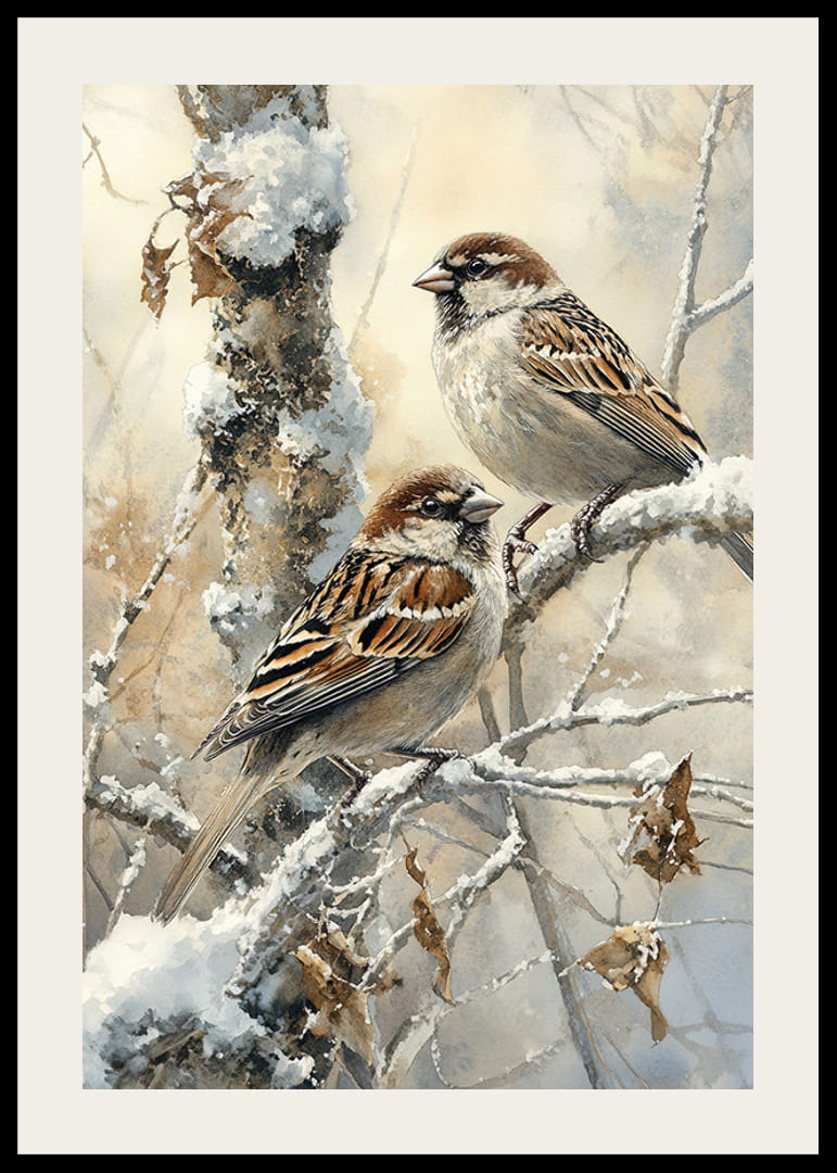 Deux moineaux sont assis paisiblement sur une branche enneigée, répandant la beauté tranquille de l'hiver-12
