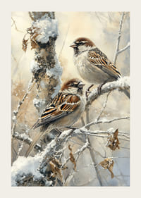 Deux moineaux sont assis paisiblement sur une branche enneigée, répandant la beauté tranquille de l'hiver-3