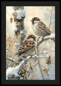 Deux moineaux sont assis paisiblement sur une branche enneigée, répandant la beauté tranquille de l'hiver-4