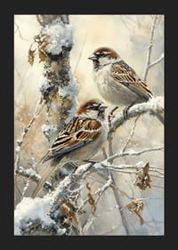 Deux moineaux sont assis paisiblement sur une branche enneigée, répandant la beauté tranquille de l'hiver-5