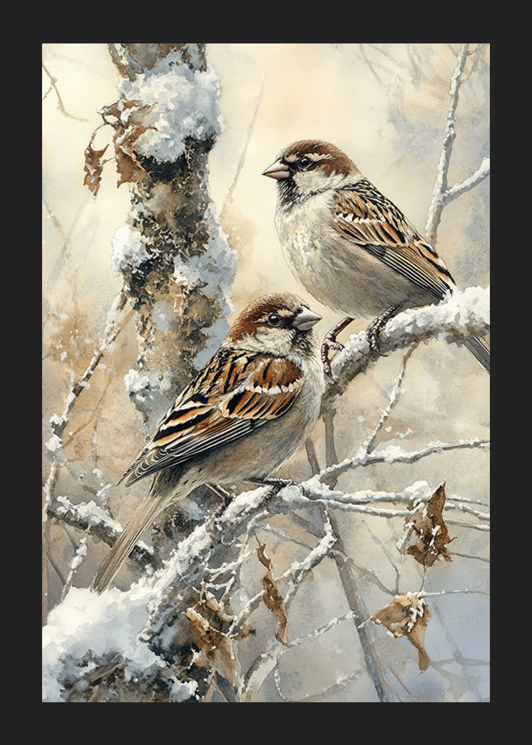 Deux moineaux sont assis paisiblement sur une branche enneigée, répandant la beauté tranquille de l'hiver-12