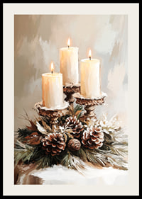 Three lit candles surrounded by evergreen twigs and frosty cones spread a warm and peaceful Christmas atmosphere.-2
