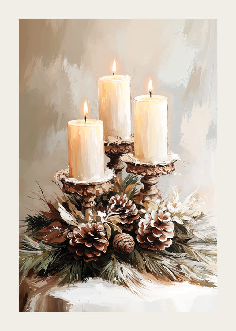 Három égő gyertya örökzöld gallyakkal és fagyos tobozokkal körülvéve meleg és békés karácsonyi hangulatot áraszt.-12