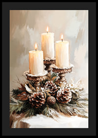 Three lit candles surrounded by evergreen twigs and frosty cones spread a warm and peaceful Christmas atmosphere.-4