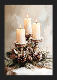 Three lit candles surrounded by evergreen twigs and frosty cones spread a warm and peaceful Christmas atmosphere.-5