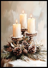 Three lit candles surrounded by evergreen twigs and frosty cones spread a warm and peaceful Christmas atmosphere.-6